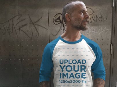 Mockup of a Raglan Tee Featuring a Man in an Elevator  
