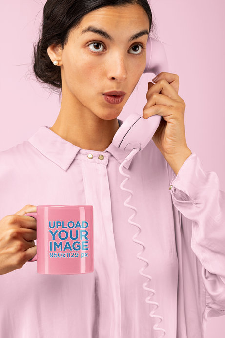 11 Coffee Mug Mockup Featuring a Woman with a Vintage Phone 