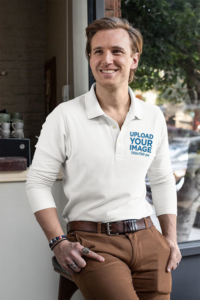 Long Sleeve Polo Shirt Mockup Featuring a Smiling Young Man