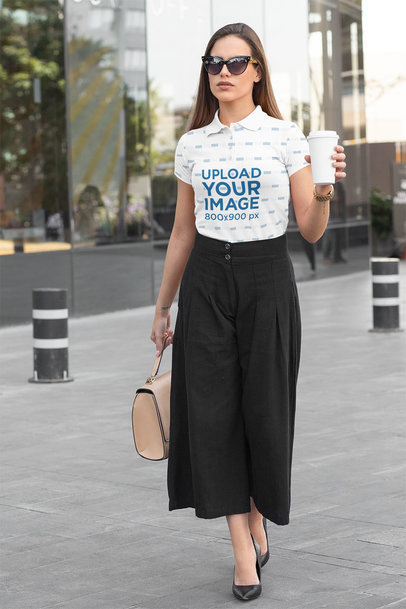 Polo Shirt Mockup of an Elegant Woman Walking Down the Street 33538