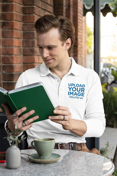 Long Sleeve Polo Shirt Mockup Featuring a Man Reading a Book