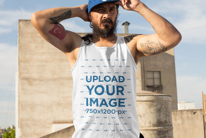 Tank Top Mockup of a Man with Tattoos Standing by an Abandoned Building 