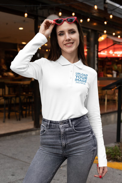 Mockup of a Woman with Long-Sleeve Polo Shirt and Sunglasses 