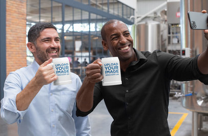 Beer Mug Mockup of Two Middle-Aged Friends Taking a Selfie