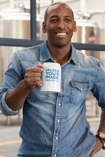 Mockup of a Smiling Man Holding a Beer Stein