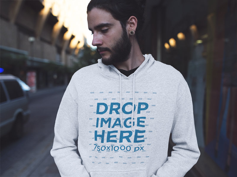 Hipster Man with Long Hair and a Beard Wearing a Heather Pullover Hoodie and Looking Away