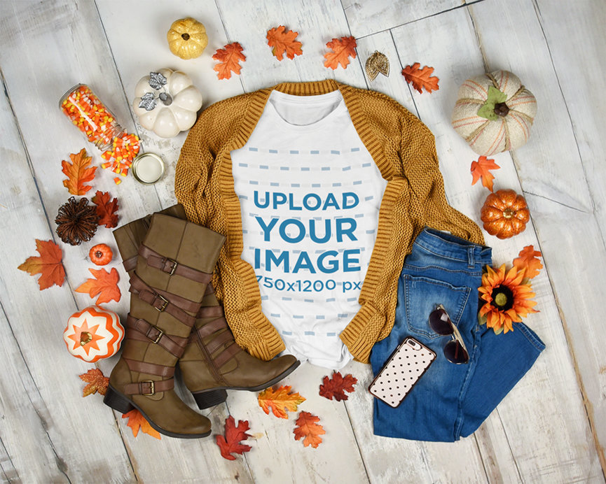 T-Shirt Mockup Featuring a Warm Autumn Outfit