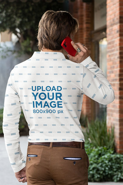 Back View Mockup of a Man Wearing a Long-Sleeve Polo Shirt