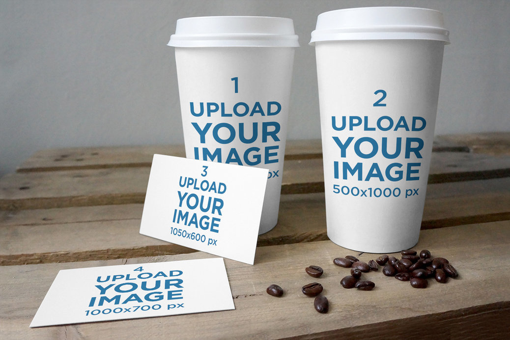 Mockup of Two Coffee Cups and Two Business Cards 