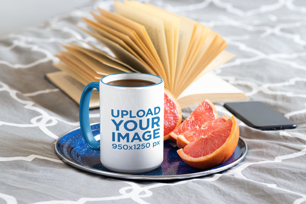 Mockup of a 15 oz Colored Rim Mug on a Plate with Grapefruit