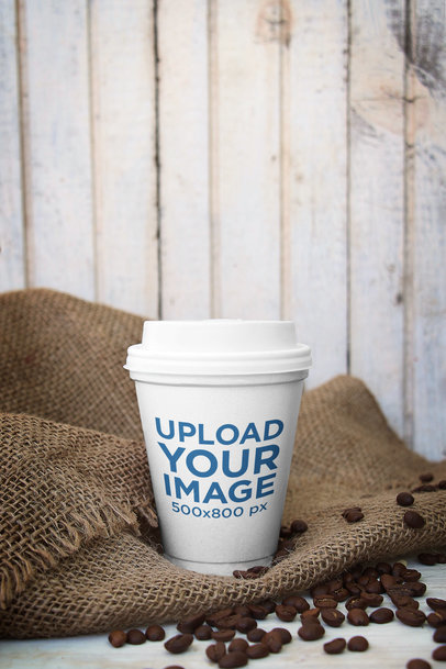 Coffee Cup Mockup Featuring a Jute Sack 