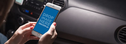 White iPhone Mockup of a Young Woman Riding in a Car