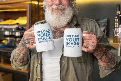 Mockup of a Smiling Senior Man Holding Two 20 oz Beer Steins