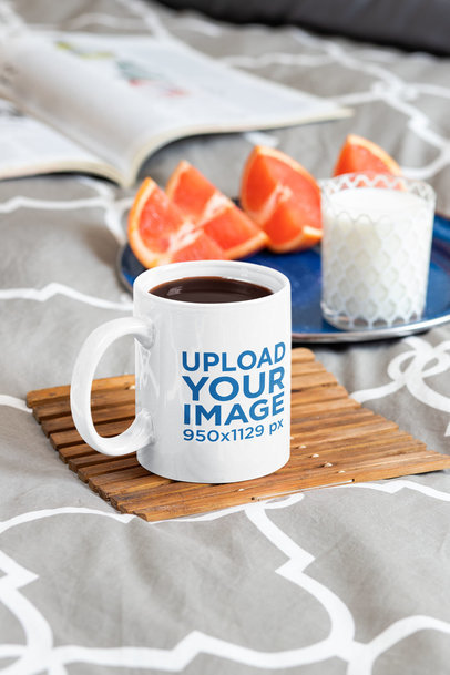 Mockup of a Coffee Mug Featuring a Healthy Breakfast in Bed