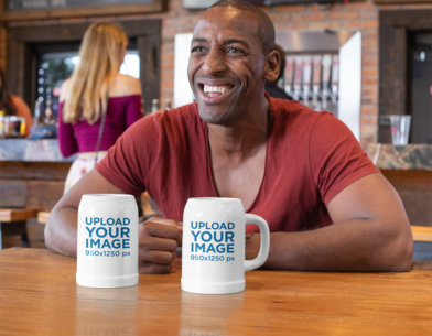 Mockup of a Happy Man at a Bar with Two Beer Steins 