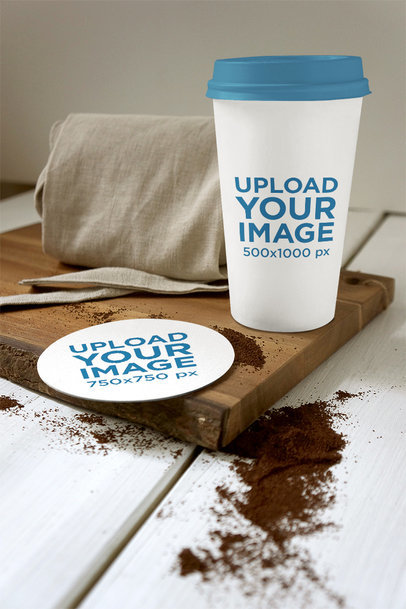 Mockup of a Coffee Cup and a Coaster 