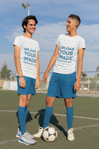 Mockup of Two Friends with Soccer T-Shirts