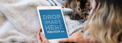 iPad Mockup in Landscape Position of a Woman Resting on a Bed with Her Kitten 12791wide