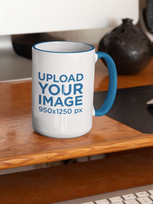 Mockup of a 15 oz Coffee Mug with Inner Rim on a Desk
