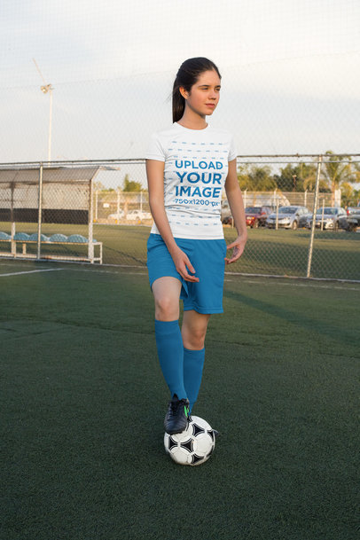 Jersey Mockup of a Female Player with a Soccer Ball