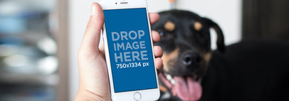 White iPhone 7 Mockup of a Man at Home with his Dog a12790wide