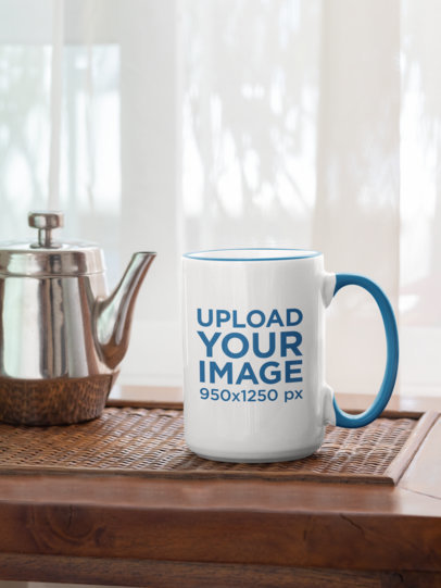 Mockup of a 15 oz Colored-Rim Mug on a Wooden Table 