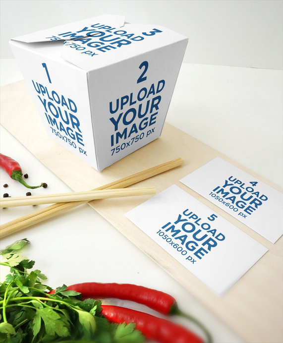 Mockup Featuring a Food Box Placed Next to Two Business Cards 