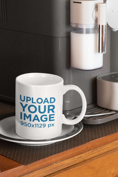 Mockup of an 11 oz Mug Placed by an Espresso Machine 