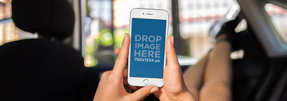 iPhone Mockup in Portrait Position Featuring a Woman Chilling inside a Car