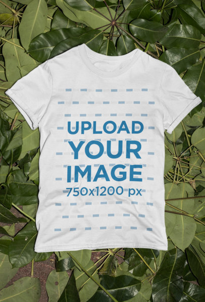 T-Shirt Mockup Featuring Some Leaves in the Background 33858