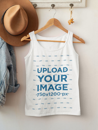 Mockup of a Scoop Neck Tank Top with a Wooden Hanger 