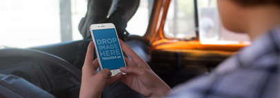 Girl Riding in the Frontseat of a Car with her Feet Up Holding an iPhone 6s in Portrait Position Mockup a12934w