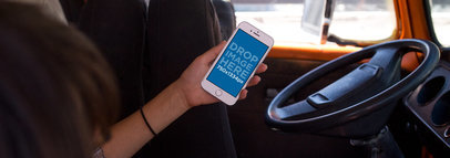 White iPhone 6 Mockup Featuring a Woman in a Van About to Go on a Trip