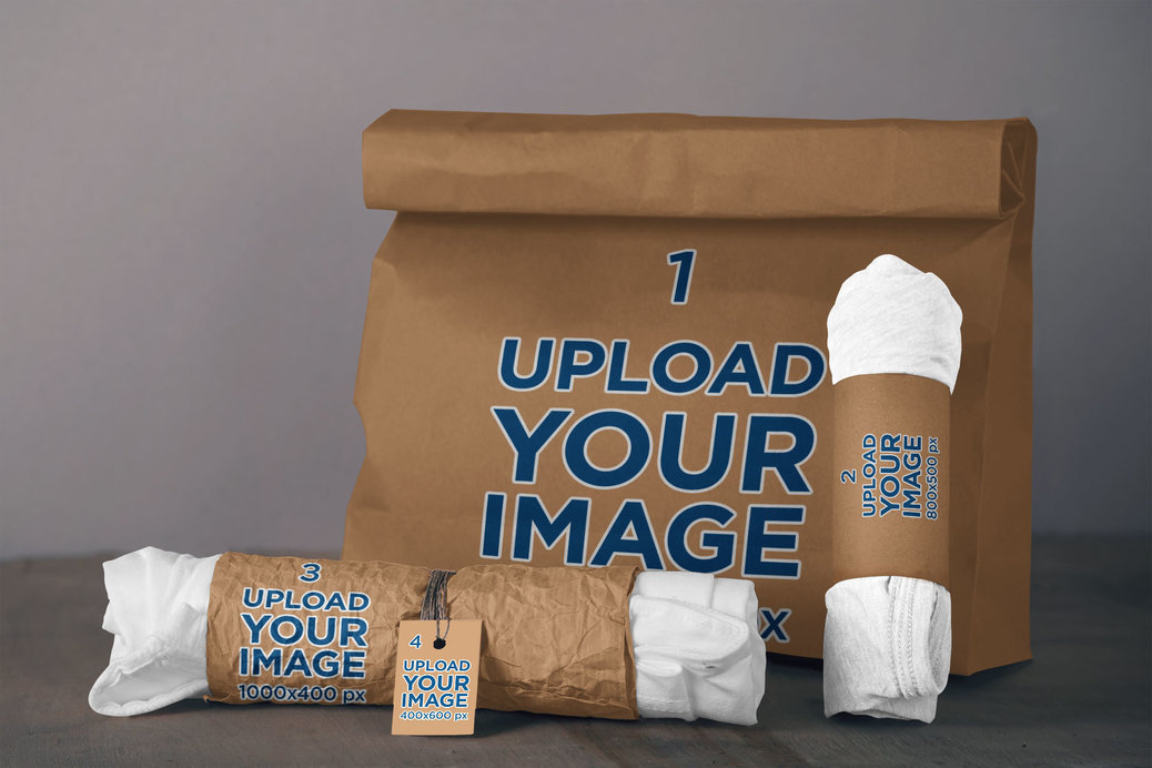 T-Shirt Packaging Mockup Featuring a Paper Bag and a Brand Tag 
