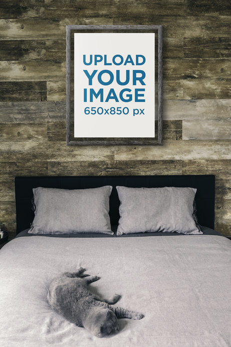 Art Print Mockup Featuring a Cat on a Bed