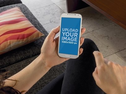 Samsung Galaxy Mockup Featuring a Young Woman at Home