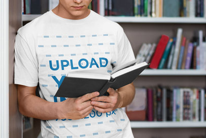 Cropped Face Mockup of a Man with a T-Shirt Reading at a Library