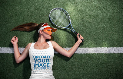 Tank Top Mockup of a Woman Lying on a Tennis Court
