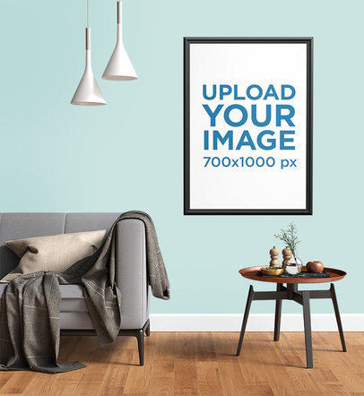 Art Print Mockup Featuring a Small Modern Table and a Gray Fabric Couch 3933-el1