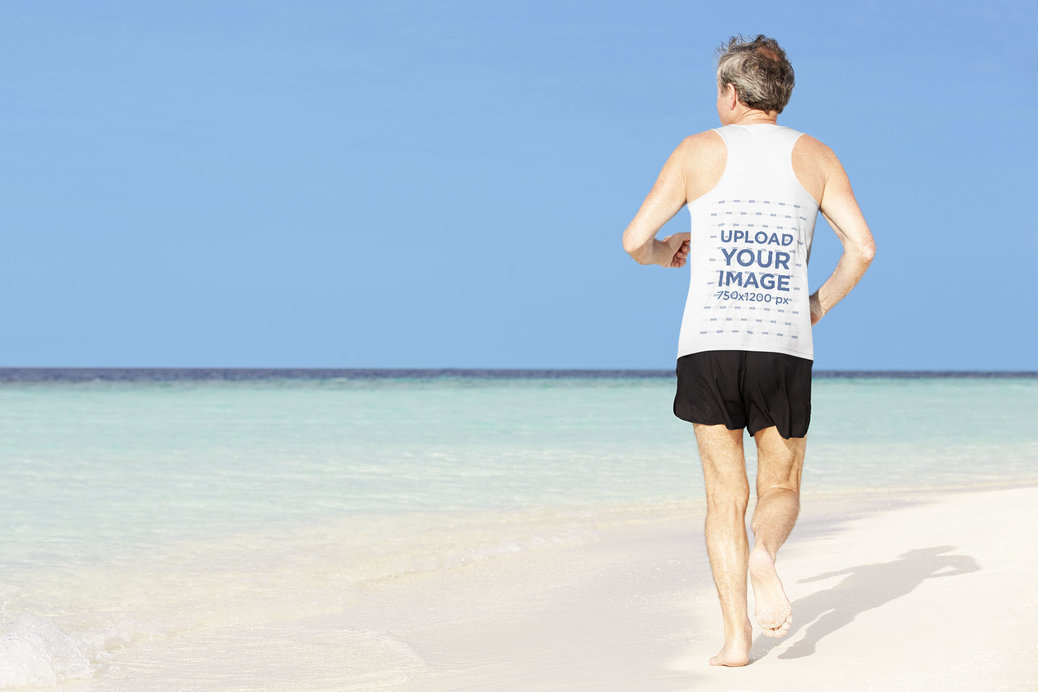Back-View Mockup of a Senior Man Running by the Beach with a Tank Top