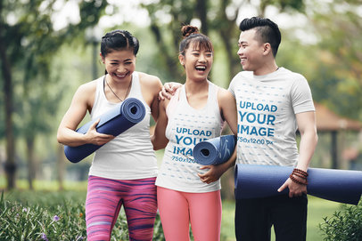 T-Shirt Mockup of Three Friends with Yoga Mattresses