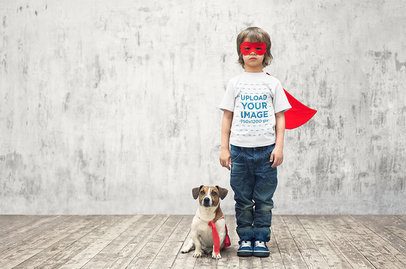 T-Shirt Mockup of a Kid and His Dog in Superhero Costumes