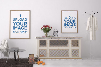 Mockup of Two Framed Art Prints Placed on a Modern Room's Wall 