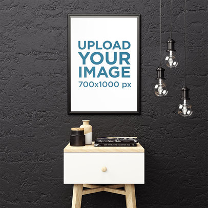 Framed Art Print Mockup Featuring a Small Minimal Table and Some Hanging Light Bulbs 3935-el1