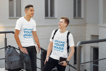 Mockup of Two College Friends Wearing T-Shirts