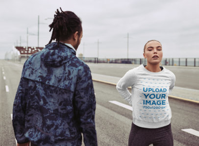 Sweatshirt Mockup of a Woman Jogging on the Street with a Friend