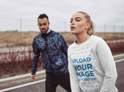 Mockup of a Woman with a Heathered Sweatshirt Jogging with a Friend