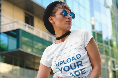 Mockup of a Stylish Woman Wearing a Customizable Crewneck Tee in the City 