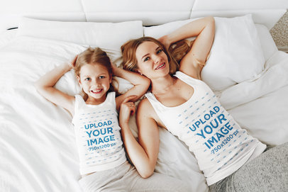 Tank Top Mockup of a Woman and Her Daughter Laying in Bed