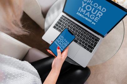 Mockup of a Woman Using an iPhone 11 Pro and a MacBook 